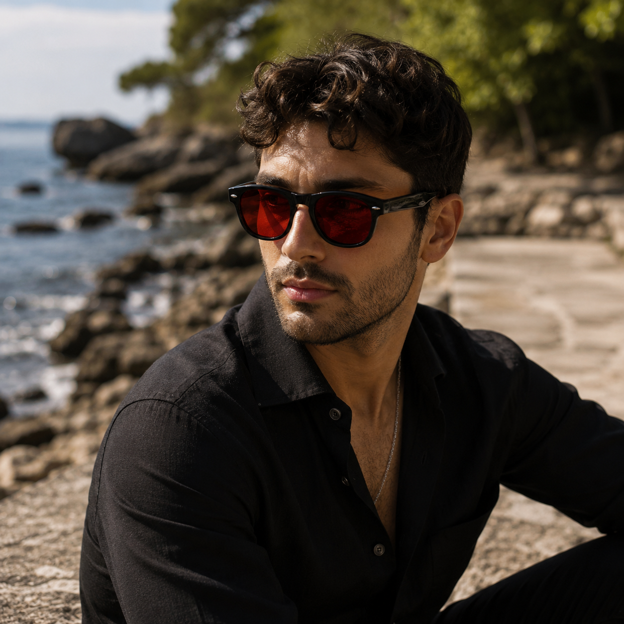 THE Atlas Red UV400 HD Glossy Glossy Black with Red Lens Sunglasses