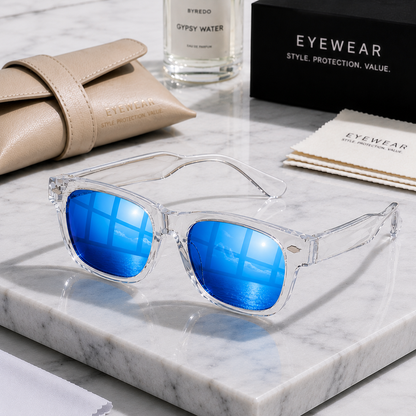 THE ATLAS Glossy Clear Mirror Blue Lens UV400 Sunglasses