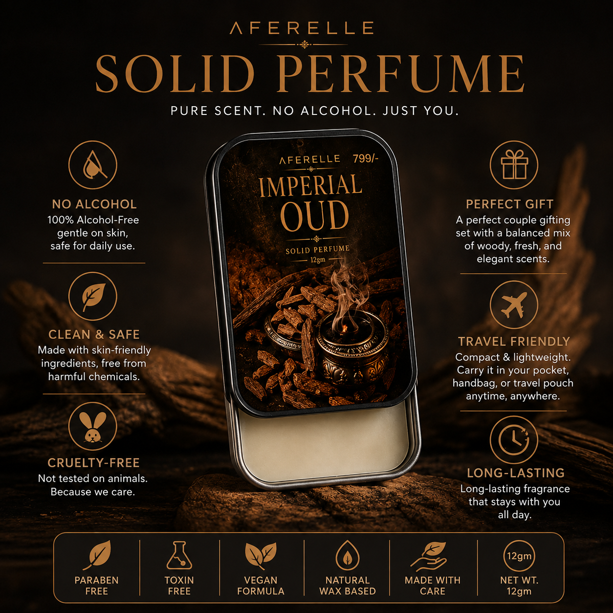 AFERELLE Imperial Oud Pocket Solid Perfume | Alcohol-Free Fragrance | 12g