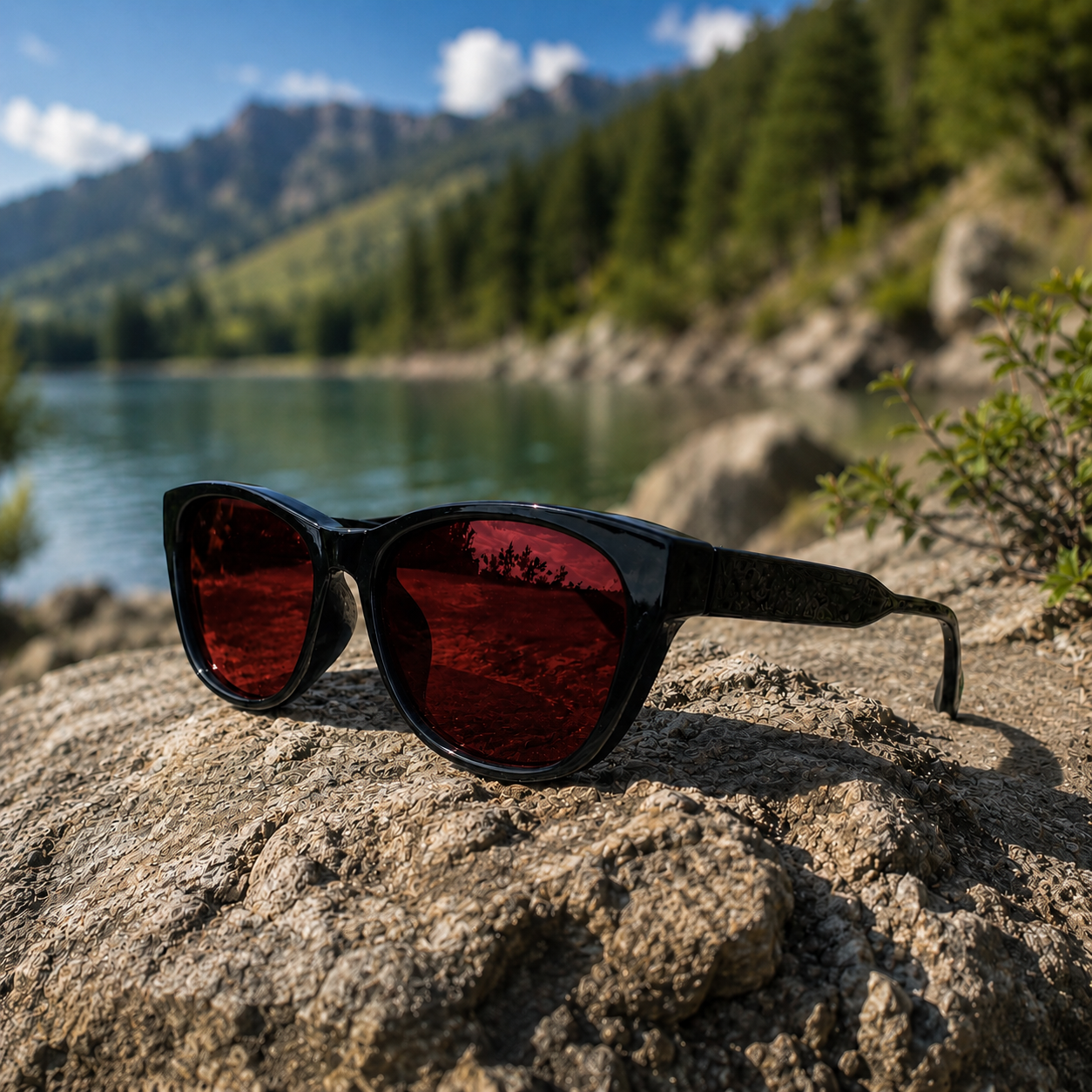 THE ELARA Red Unisex UV400 HD Glossy Black Red Lens Sunglasses