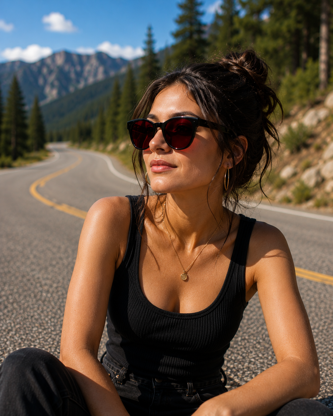 THE ELARA Red Unisex UV400 HD Glossy Black Red Lens Sunglasses