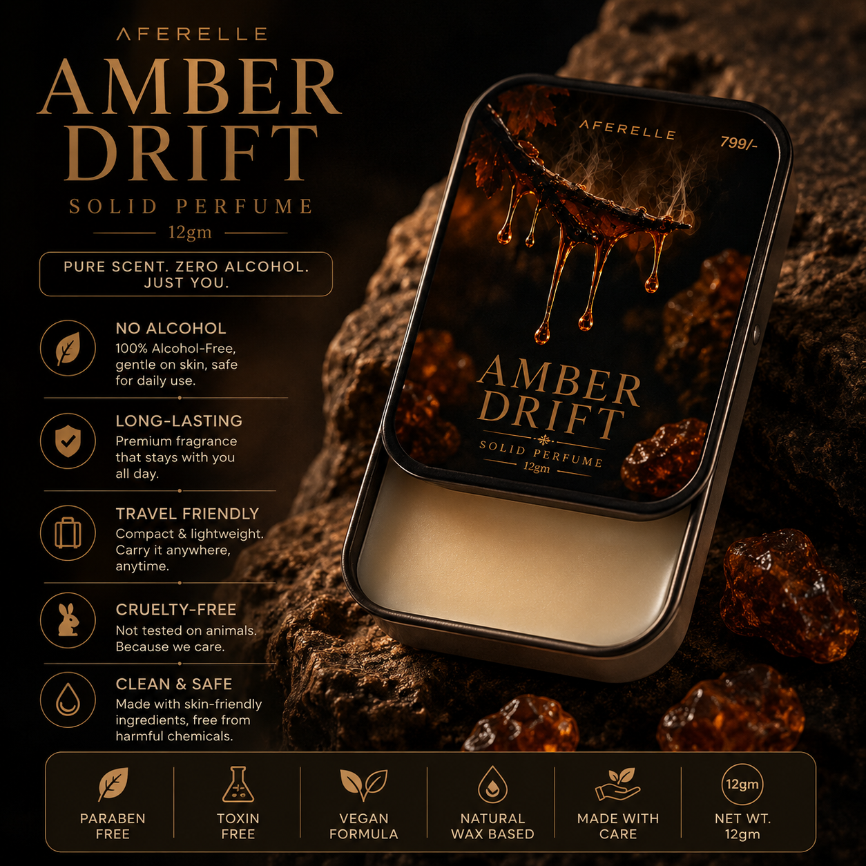 AFERELLE Amber Drift Pocket Solid Perfume | Alcohol-Free Fragrance | 12g