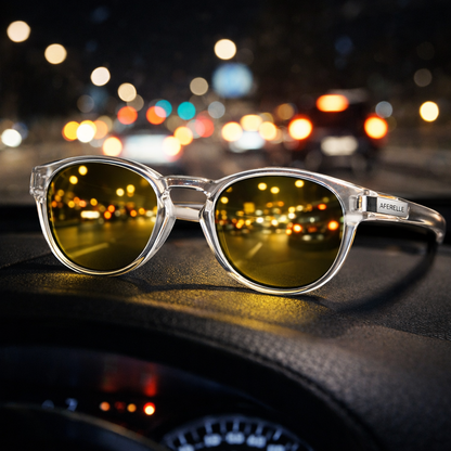 Sunglasses with yellow-tinted lenses on a car dashboard with city lights in the background